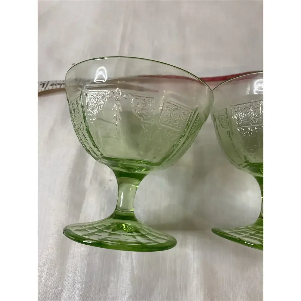 2 Anchor Hocking Green Princess Pattern Uranium Depression 4 oz. Sherbet